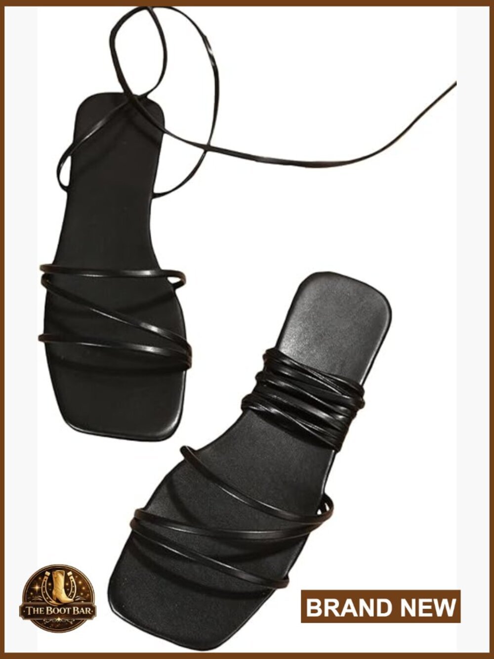 Women's Leather Strappy Flat Sandals Lace Up Square Toe Gladiator Slides